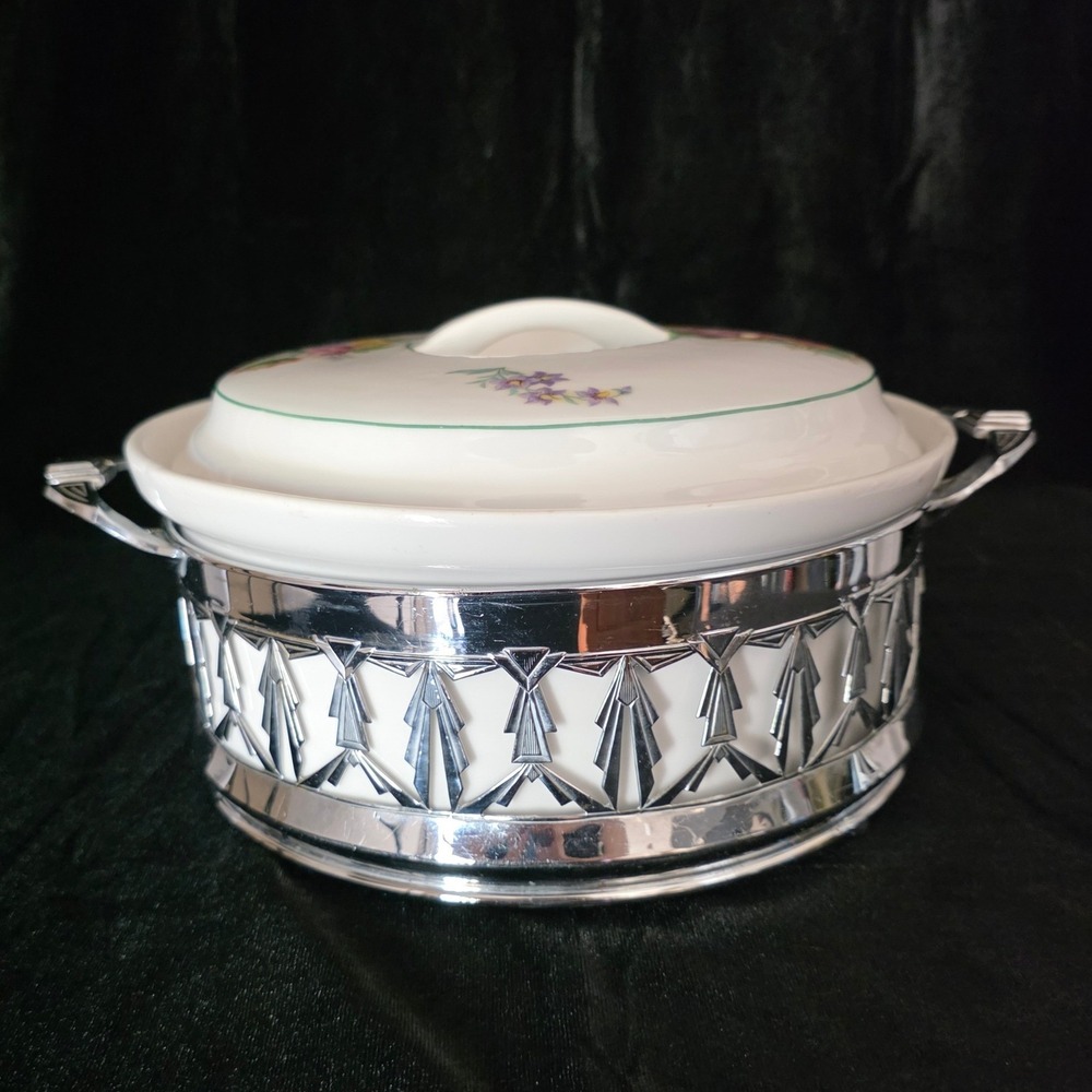 Royal Rochester Royalite Fraunfelter Casserole w Art Deco Chrome Carrier Stand